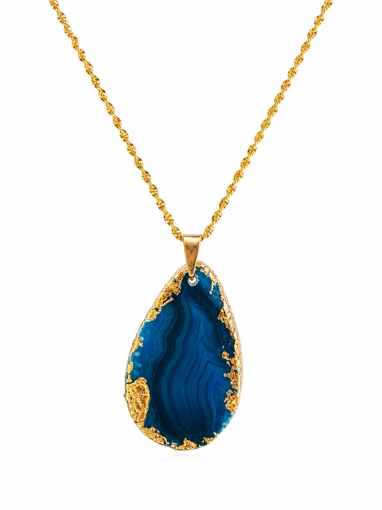 Handmade Jewelry - Handmade Blue Agate Pendant Necklace Gold Plated 45cm Statement Jewelry